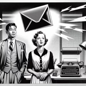 Retro-Illustration: Mann und Frau reagieren auf eine eingehende große E-Mail, symbolisiert E-Mail-Automatisierung für den Erfolg eines Online-Shops.