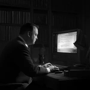 Mann sitzt in dunklen Raum am Rechner und wartet das die Seite lädt