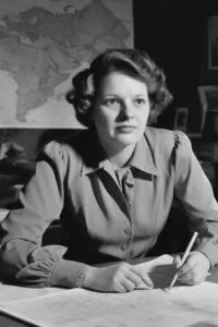 Frau arbeitet am Schreibtisch, Stift in der Hand, Weltkarte im Hintergrund.