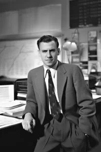 Junger Mann im Anzug aus den 50er Jahren sitzt am Schreibtisch und arbeitet.