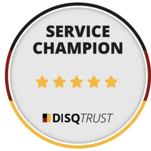 Service Champion Auszeichnung mit fünf Sternen von DISQTRUST