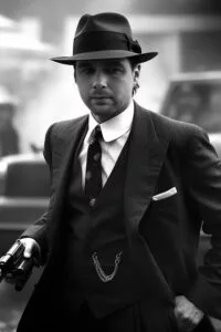 Ein Mann in einem Gangsteranzug aus den 1920er Jahren hält eine Pistole.