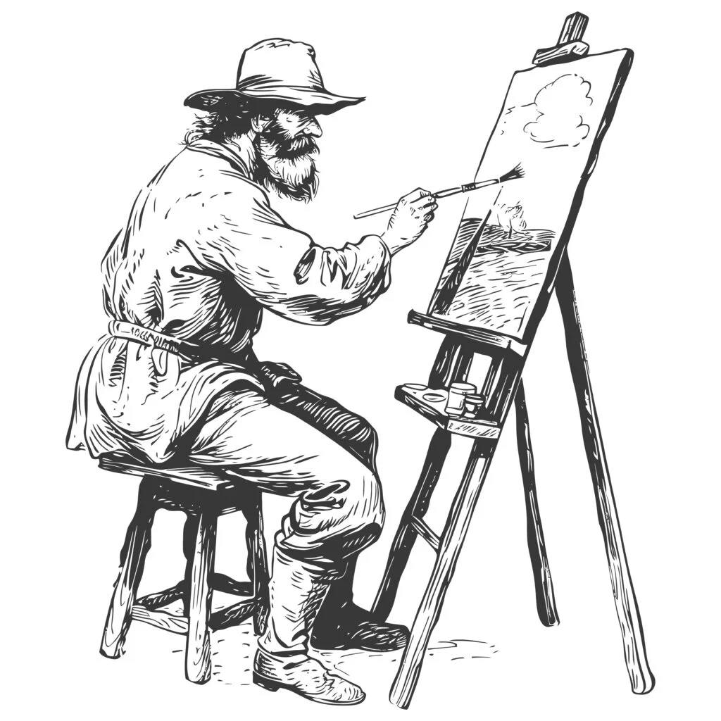 Bärtiger Künstler malt Landschaft auf Staffelei