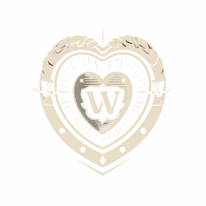 Verziertes herzförmiges Emblem mit dem Anfangsbuchstaben „W“.