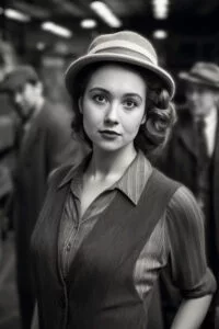 Stilvolle Frau aus den 1940er Jahren mit Hut und Weste, Schwarz-Weiß-Porträt.