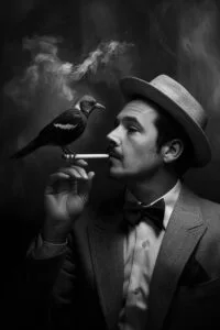 Mann mit Fedora raucht, Vogel thront auf Zigarette