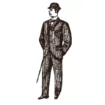 Ein adretter Herr im Nadelstreifenanzug und Bowlerhut, der einen Gehstock hält.