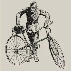 Mann läuft mit Vintage-Fahrrad, Design aus dem frühen 20. Jahrhundert