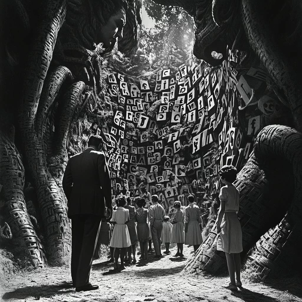 Surreales Schwarzweißfoto von Kindern und einem Erwachsenen, die durch einen Tunnel aus Buchstaben gehen und das Konzept der Zugänglichkeit und Inklusion veranschaulichen.