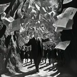 Mann im Anzug, umgeben von Schulmädchen, Papiere fliegen. Vorteile des Barrierefreiheitsstärkungsgesetzes.