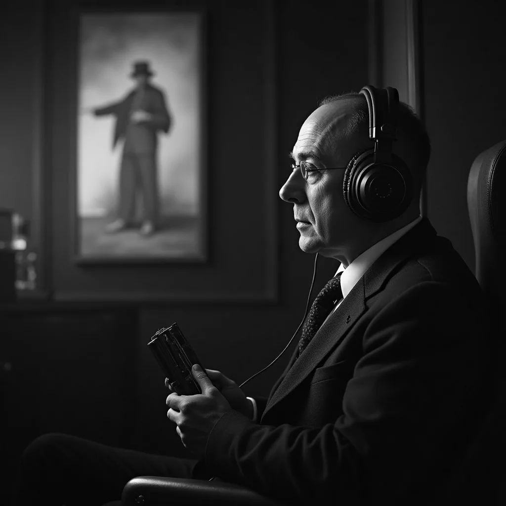 Älterer Mann im Anzug hört Musik mit Kopfhörern und hält ein kleines Gerät in der Hand. Barrierefreies Webshop-Design.