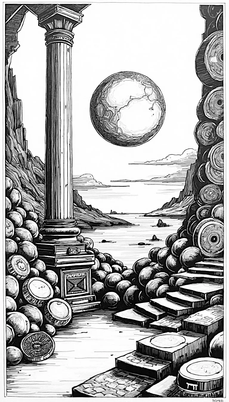 Ein Heißluftballon stürzt in der Nähe einer Mondsichel ab, ein Mann fällt aus den Trümmern.