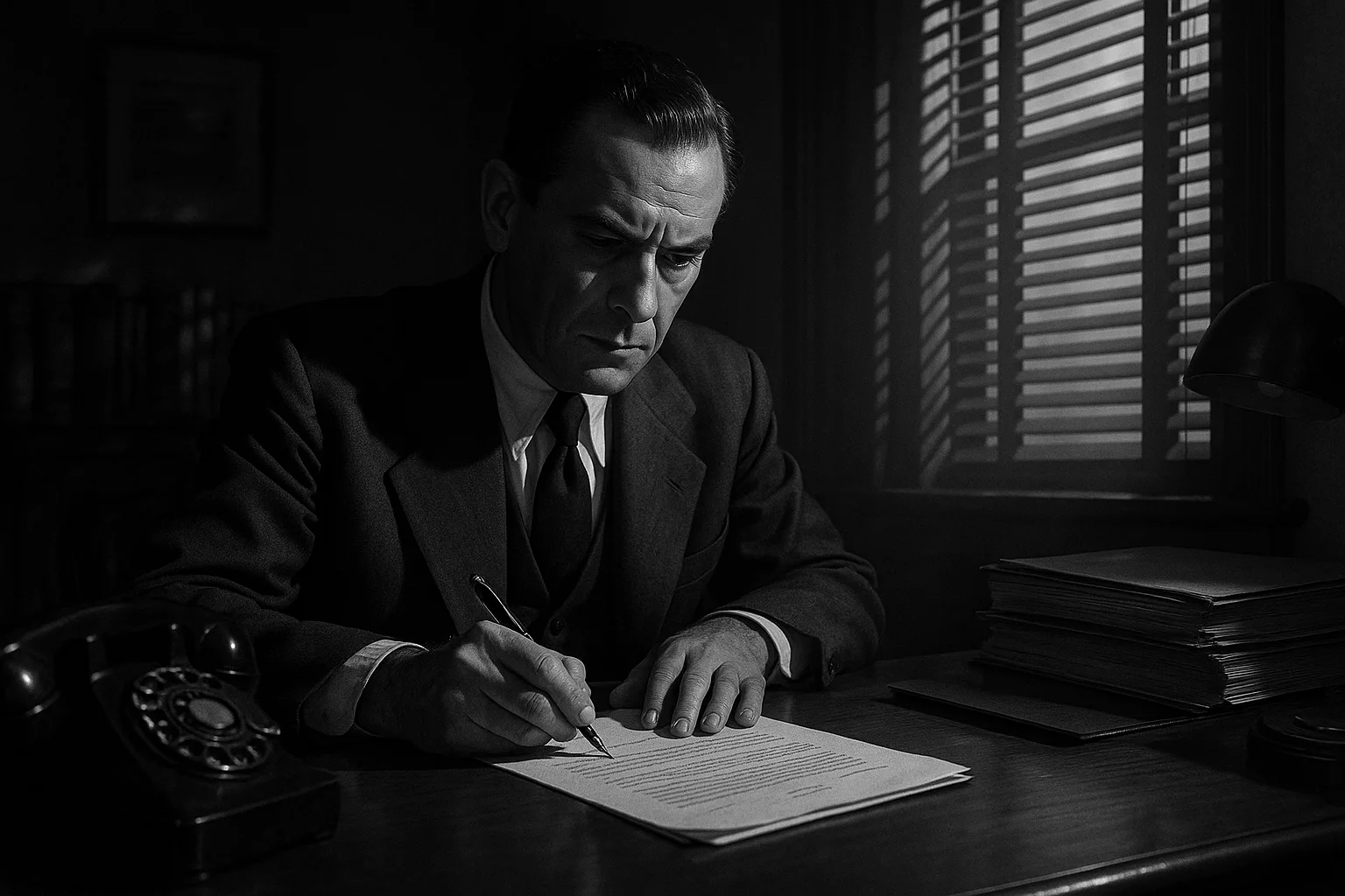 Mann im Anzug schreibt am Schreibtisch und überprüft Dokumente.