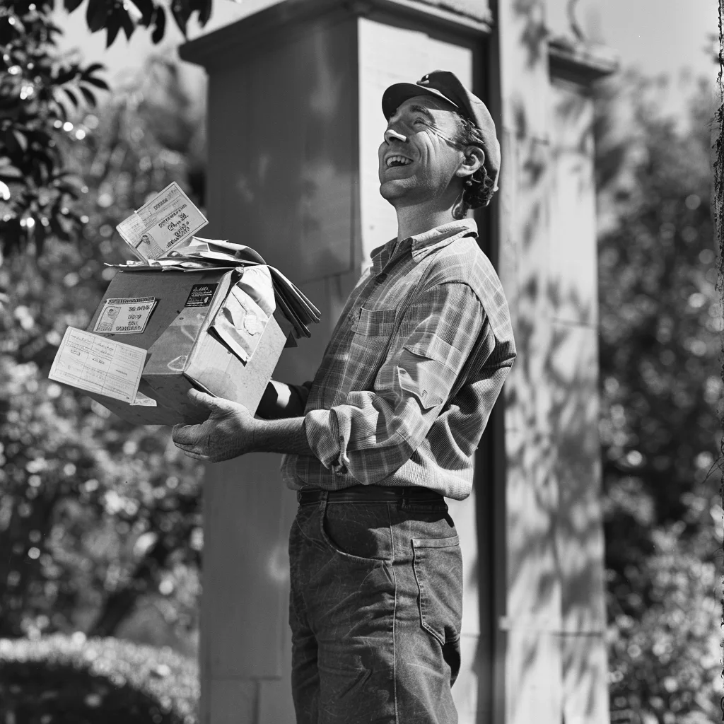 Glücklicher Postbote mit einem Briefkasten. Erfolgreiche E-Mail-Marketingkampagnen liefern Ergebnisse.