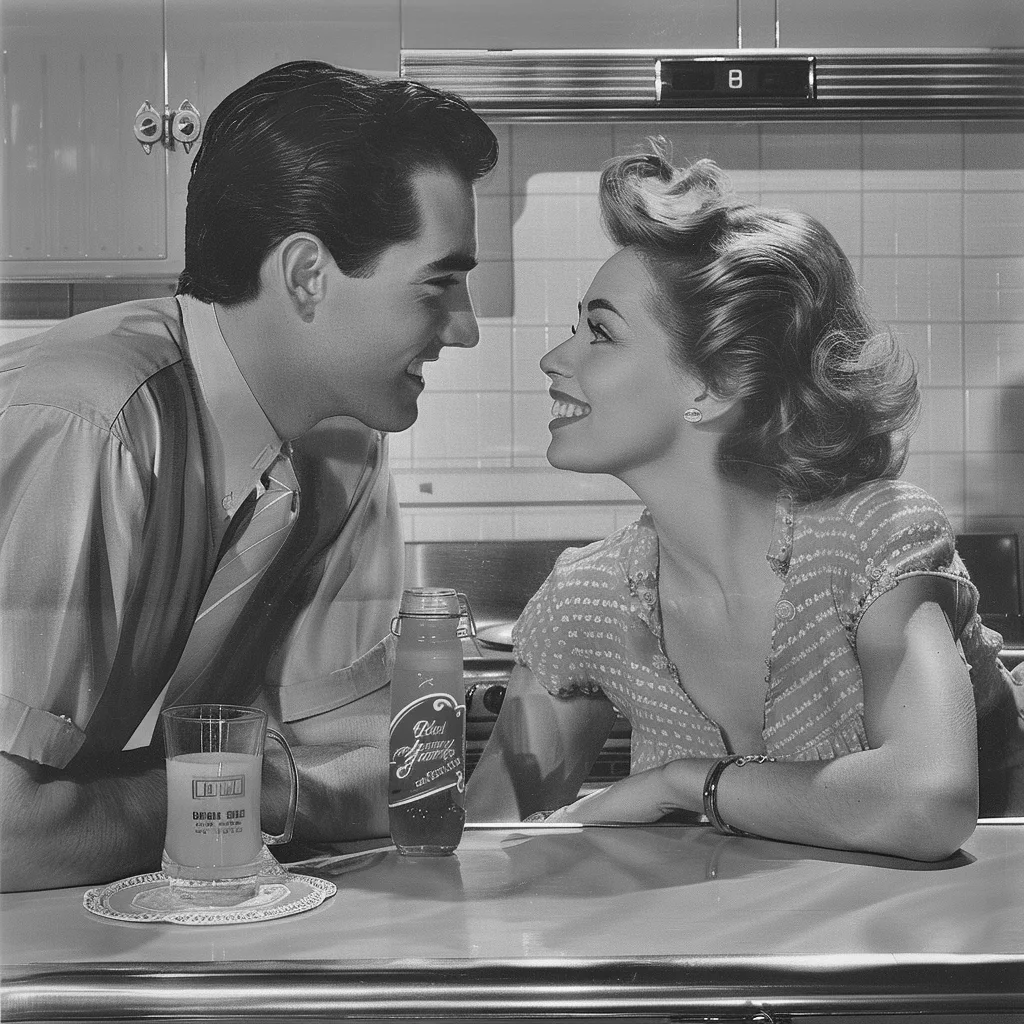 Romantisches Paar aus den 50er Jahren in der Küche, genießt einen Drink.
