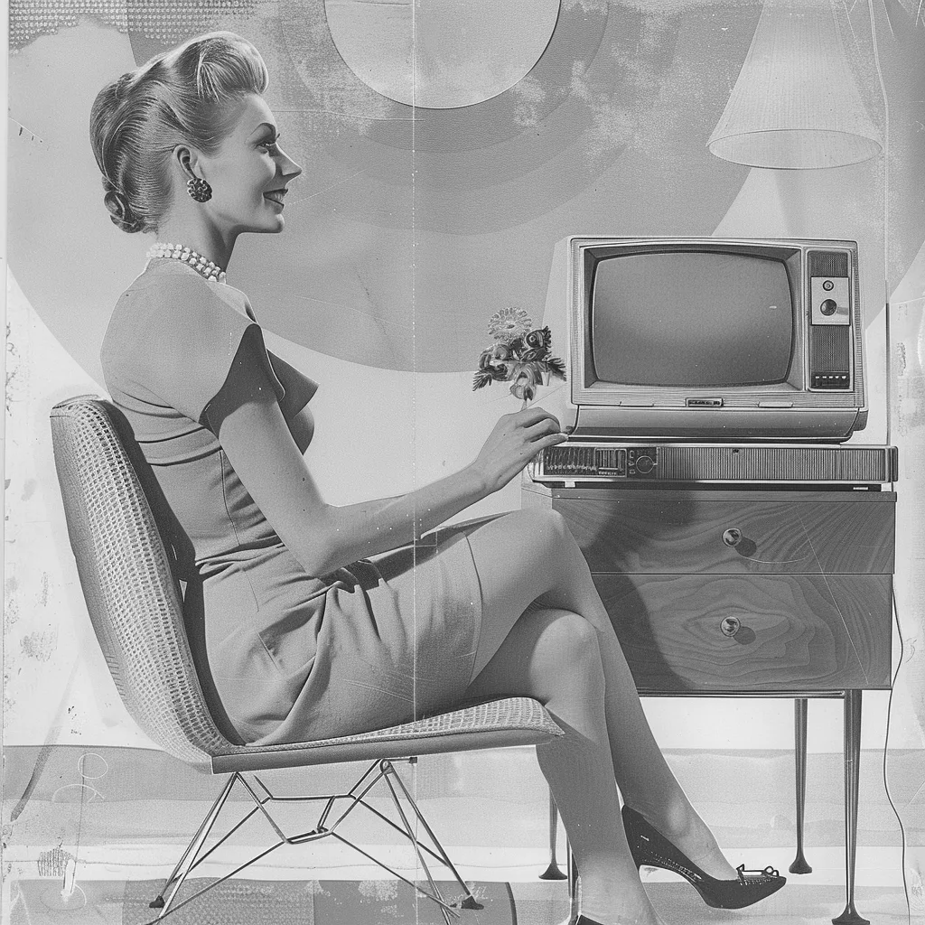 Frau im 50er-Jahre-Kleid sitzt neben einem Vintage-Fernseher.