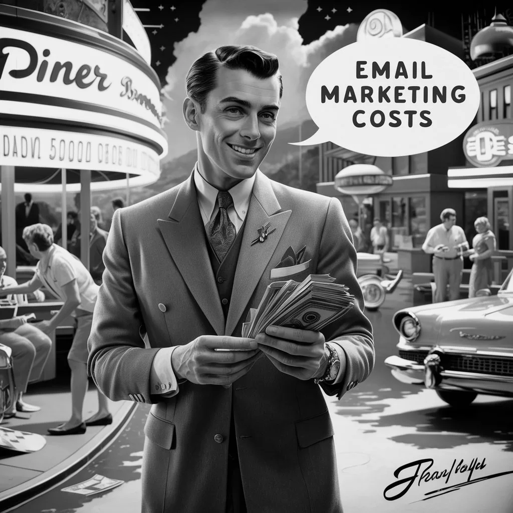 Mann im Anzug aus den 50er Jahren zählt Geld; Kosten für E-Mail-Marketing
