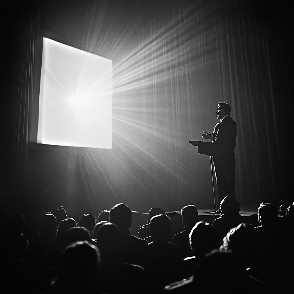 Sprecher auf einer Bühne in einem 30er und 50er US Stil erklärt etwas