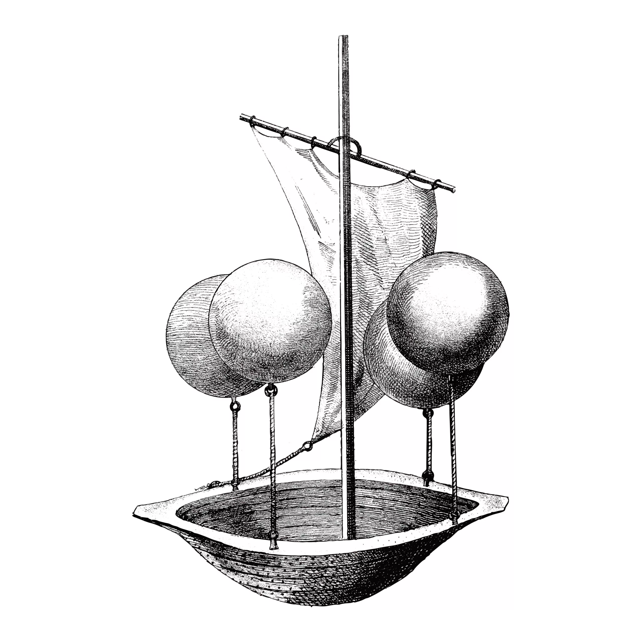 Strichzeichnung eines Heißluftballonboots mit kleinem Segel