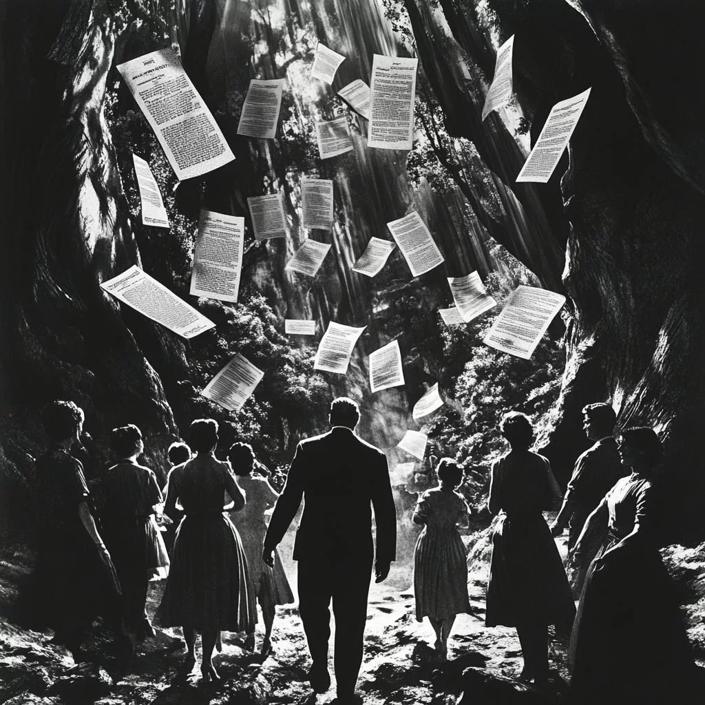 Menschen gehen durch einen Wald, aus dessen Höhe Dokumente herabfallen.