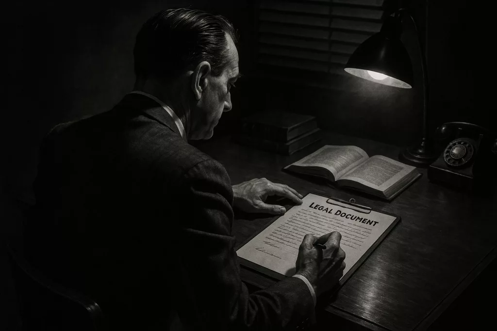 Mann prüft Inhalt barrierefreiheitserklärung am Schreibtisch im Lampenlicht. „RECHTSDOKUMENT“ ist sichtbar.